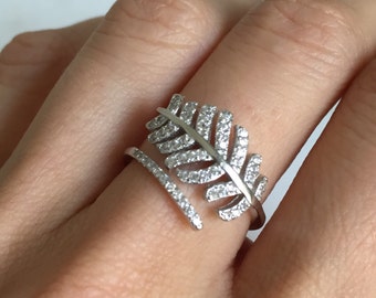 Feather Silver CZ ring,  Crystal feather ring, Eternity CZ Band, Leaf Ring, Celebrity Style Ring, All around cz band