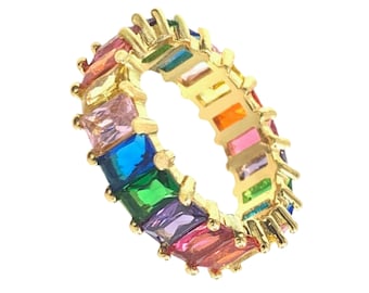 18K Multicolor Rainbow Eternity Ring, Rainbow Eternity Band, Rainbow baguette ring, Full Eternity Band, Rainbow cz Ring, Multicolor Ring,