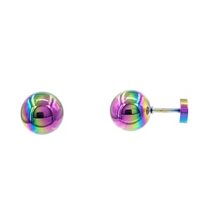 May include: A pair of stud earrings featuring spherical, iridescent rainbow-colored metal balls. One earring is shown from the front, while the other is displayed from the side, revealing the straight post and the flat, circular backing mechanism.