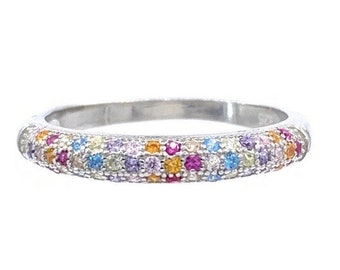 Half Eternity Silver CZ Ring, Multicolor CZ Band, Engagement Ring, Semi Eternity Silver CZ Ring, Bridal Ring, 925 Wedding Band