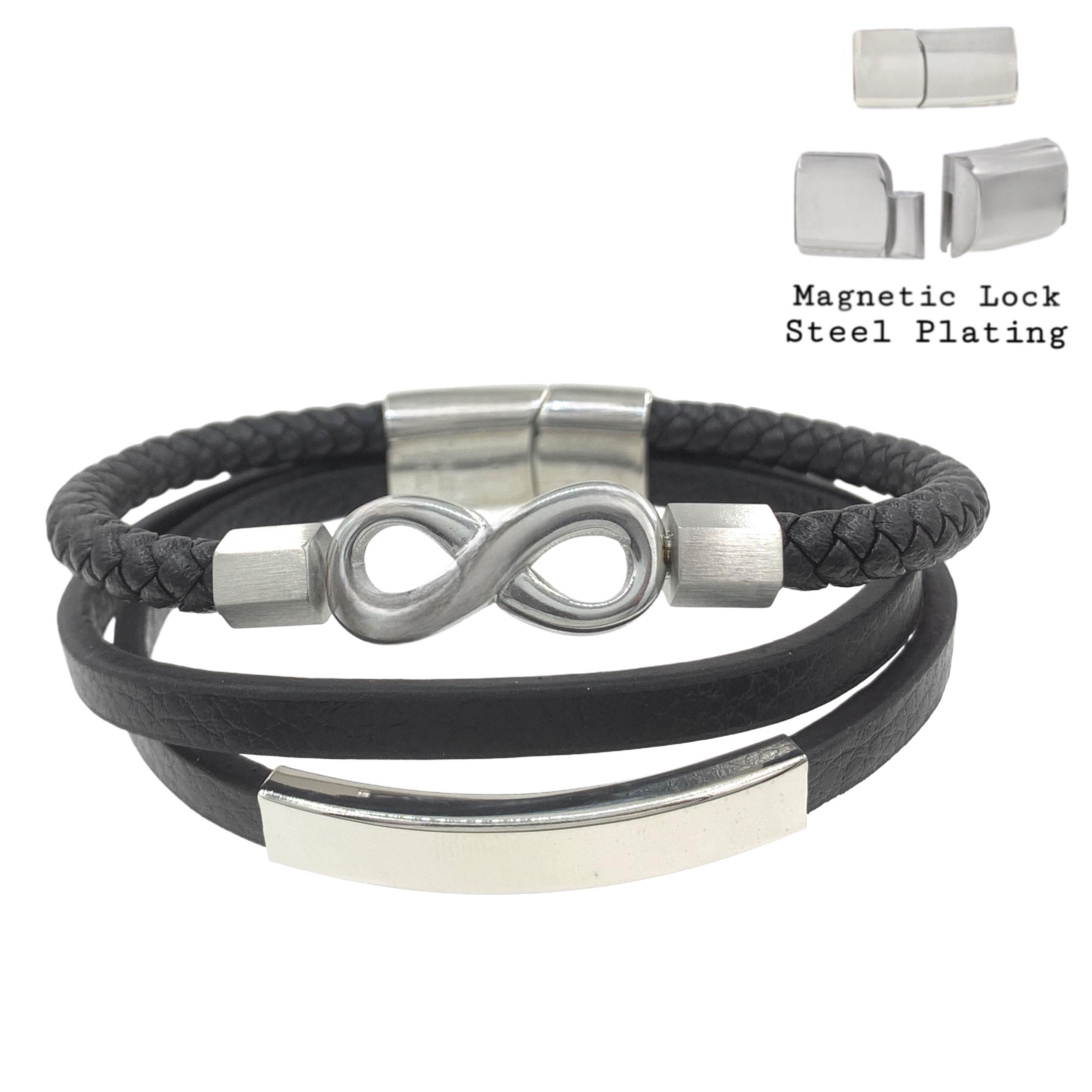 INFINIONLY Bracciale Uomo In Pelle Intrecciata Con Simbolo Infinito In Acciaio - Nero E Argento, 21 Cm