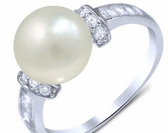 Freshwater Pearl CZ Fashion silver Ring, Bridal pearl Ring w CZ accents, Sterling Silver Pearl CZ Engagement Ring, Bridesmaid