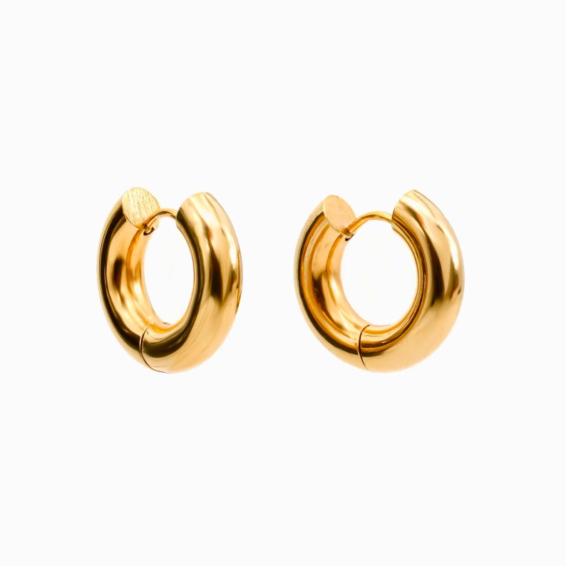 18K Gold Plated Round Huggie Hoop Earrings Plain Chunky hinged Huggies Small Everyday Hoops Gift Ideas for Her-Everyday light Earrings image 3