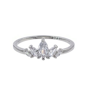 May include: A silver ring with a row of marquise-shaped clear stones set in a crown design.