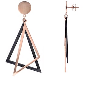 Big Triangle earrings, Geometric Triangle earrings, Rose Gold & Black hoops, Steel Dangles, Statement earrings, Large Triangle Earrings