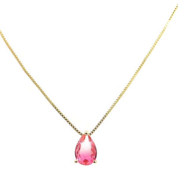 Pink Panther CZ Necklace- Tourmaline Birthstone Solitaire necklace - Pink teardrop pendant - Teardrop Necklace - pear cut Pendant Necklace