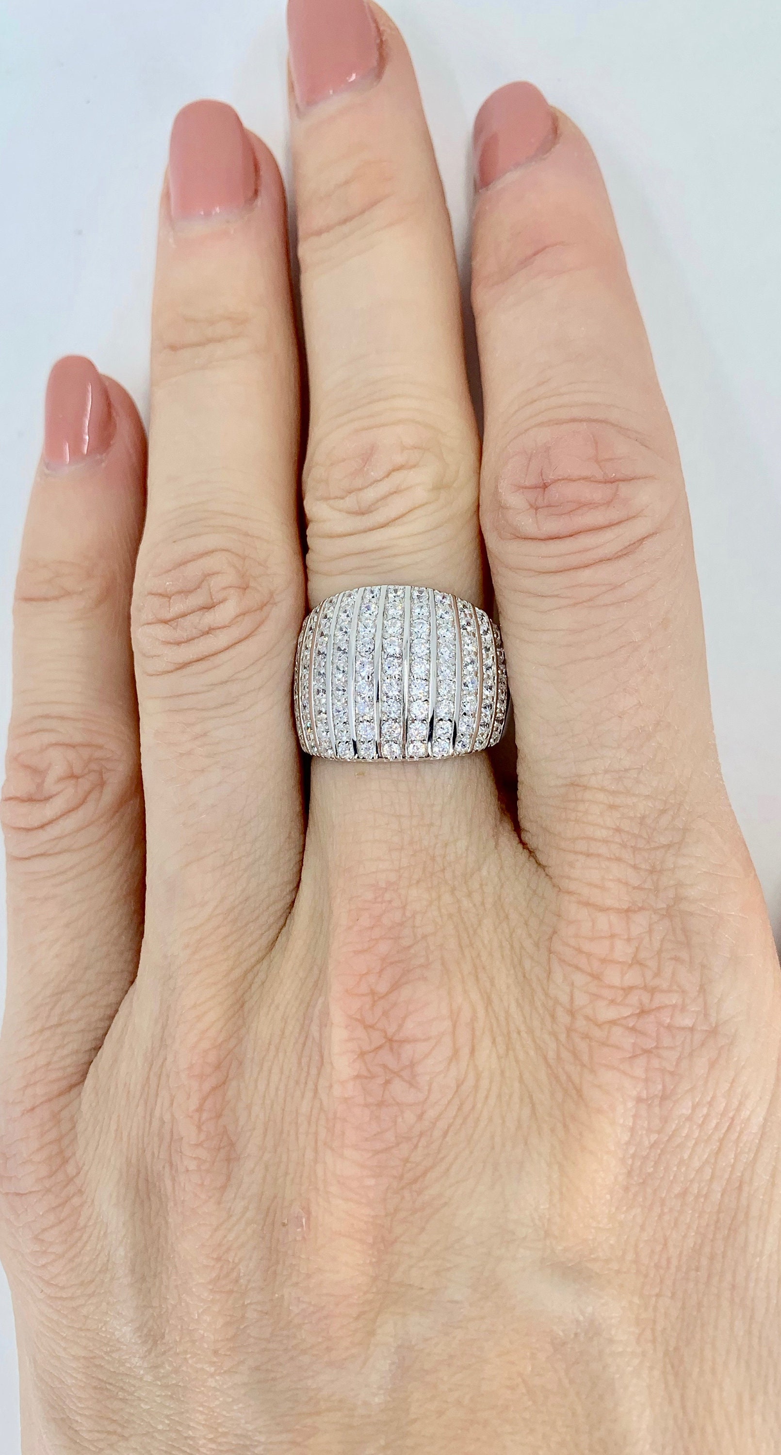 Chunky Silver Band, Large Cubic Zirconia Ring, Big Cocktail