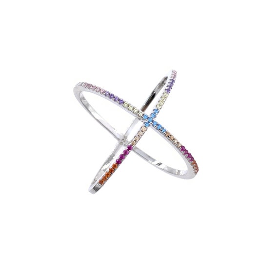 Multicolor X Ring, silver criss cross ring, Multi-Color X cross ring,  silver X ring, 925 criss cross ring CZ criss cross ring, crisscross