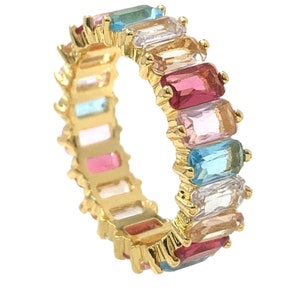 18K veelkleurige Rainbow Eternity-ring, Rainbow Eternity-band, regenboog stokbroodring, kleurrijke CZ-band, pastel regenboogring, veelkleurige ring