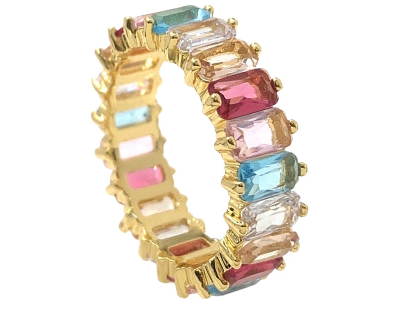 18K Multicolor Rainbow Eternity Ring, Rainbow Eternity Band, Rainbow baguette ring, Full Eternity Band, Rainbow cz Ring, Multicolor Ring, Gold Pastel Multi
