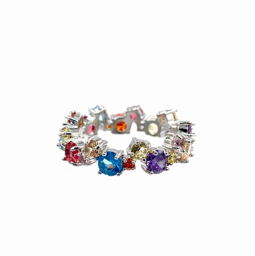18K Multicolor Rainbow Eternity Ring, Ombre Eternity Band, Full