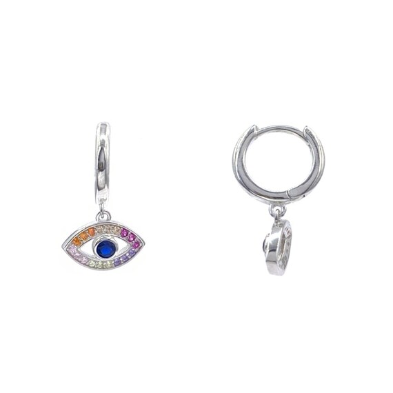 Pair of 925 Sterling Silver Evil Eye Dangle Minimal Hoop Earrings Pair of 925 Sterling Silver Evil Eye Dangle Minimal Hoop Earrings