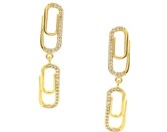 18K Gold Plated Micro Pave Paper Clip, CZ Cubic Zirconia Dangle Drop Earrings, Chain Link Earrings