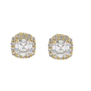Cushion Cut CZ Halo Stud Earrings in Brass – Formal Birthstone Earrings, Colorful Crystal Studs, Minimalist Jewelry Gift for Her, Bridal