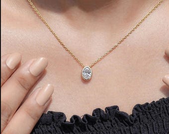 0,75 ct Floating-Diamant-Halskette, ovaler Solitär-Anhänger & Kabelkette, atemberaubende diamantähnliche Solitär-Halskette, Brautjungfer-Halskette