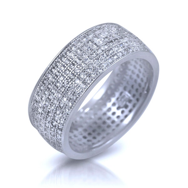 Big Micro Pave Cubic Zirconia Eternity Band Ring in Sterling Silver Wide Cigar style anniversary, mom's gift, cocktail fashion ring