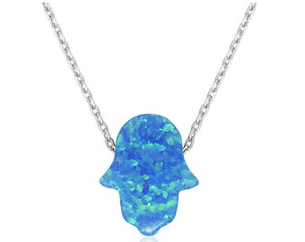 Genuine Blue Opal Hand Necklace In .925 Sterling Silver, Fatima hand, Opal Hand necklace, Ward Necklace, Blue opal necklace