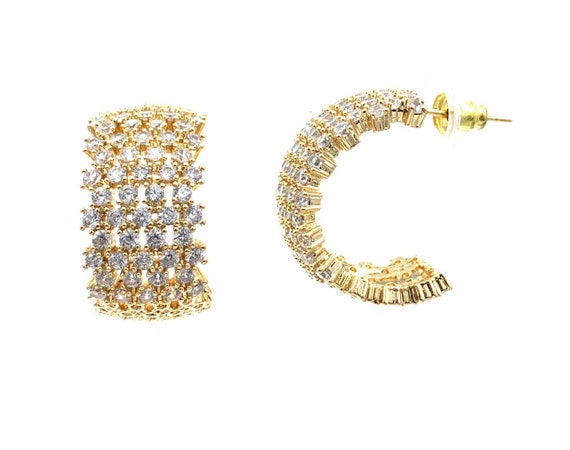 Chunky Big Gold hoops CZ hoops cubic zirconia hoops crystal earrings Large Hoops Multi Row statement hoops Wide Pave Hoop Earring