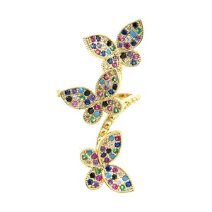 Rainbow Butterfly CZ Ring, Multicolor Butterflies Women&#39;s cocktail Ring, Trio Butterflies Rainbow Ring,  Pave Cocktail, Big Statement Ring