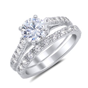 1.5 carat Round Sterling Silver CZ 2-pc matching Bridal Wedding Ring Set, Bridal Ring Set, All around band, round cz engagement ring