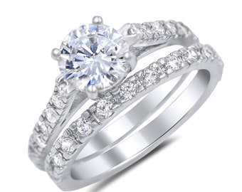 1,5 karat rund sterlingsilver med CZ, 2-delat matchande vigselringset för brudpar, brudringset, runtomgående band, rund förlovningsring med CZ
