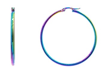 Rainbow Large hoops, Big Neon hoop earrings, Water and Sweat proof Multicolor Earrings, Big thin 80s hoops, Large fun colorful hoop earrings