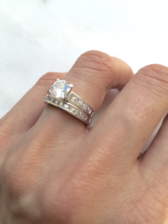 Sterling Silver Princess Cut CZ Bridal Set - Engagement & Wedding Ring Set (Size 5)