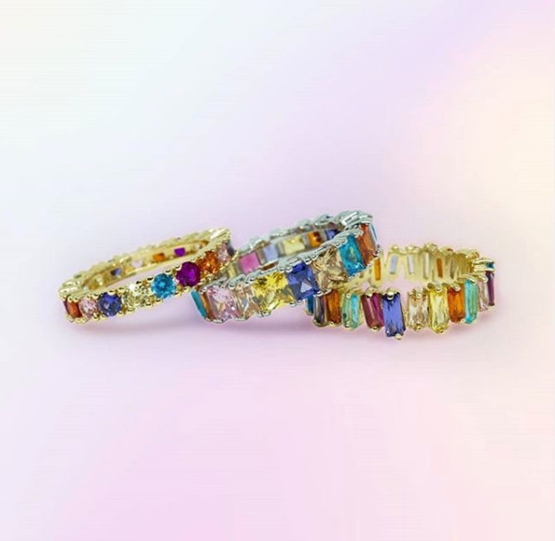 18K Multicolor Rainbow Eternity Ring, Rainbow Eternity Band, Rainbow baguette ring, Full Eternity Band, Rainbow cz Ring, Multicolor Ring, image 6