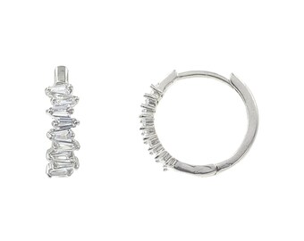 1/2" inch Dainty Gold CZ Huggie Hoop Earrings, Misaligned baguette small hoops, Minimalist CZ hoop earrings, Dainty CZ hoops, small huggie