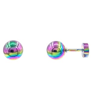 Pendientes de botón de acero inoxidable con cierre de rosca de neón arcoíris de 8 mm, resistentes al agua y al sudor, multicolores, con diseño de arcoíris.