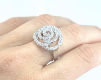 Solid 925 Silver Flower Swirl Ring, Pave Swirl Flower CZ Ring, Big Cocktail Statement Ring with CZ Accents, Silver CZ Ring Anniversary