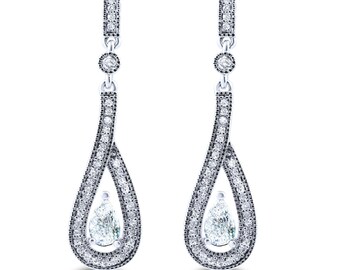 Pear Shaped 925 Sterling Silver Bridal White Cubic Zirconia Dangle Micro Pave CZ Drop Earrings Clear CZ Long Prom Evening Wedding Post