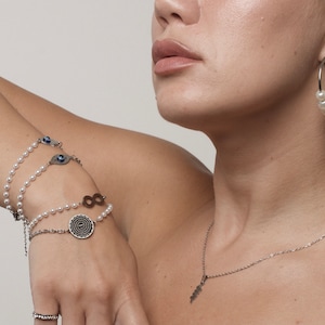 St. Benito Silver Bracelet with pearls, Christian Bracelet, Twins bracelet, Cross Bracelet, Infinity stainless steel Religious Bracelet