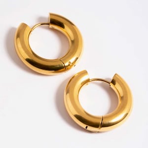 18K Gold Plated Round Huggie Hoop Earrings Plain Chunky hinged Huggies Small Everyday Hoops Gift Ideas for Her-Everyday light Earrings image 1