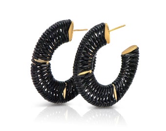 Gold Black hoop earrings, Leather hoop Earrings Unique Gift, Sustainable Jewelry for women Modern Round hoop Earrings, hypoallergenic hoops