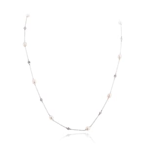 Pearl and CZ necklace,  freshwater pearl sterling silver necklace By The Yard, Station cz necklace,  Silver pearl cz necklace,