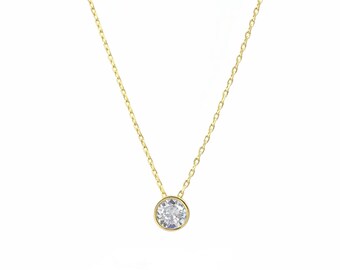 Minimalist Diamond Necklace - Solitaire Round Brilliant Simulated Diamond - Bridesmaid Gift - Dainty Necklace-Floating Stationary Pendant