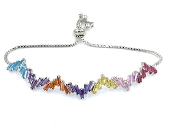 Multicolor Rainbow CZ Bracelet, Adjustable Silver CZ Bracelet, Ombre Rainbow Pull Bracelet, Multi-color Bracelet, Ladies Baguette Rainbow