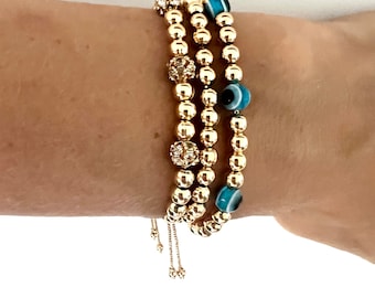 18k Gold Filled Beaded Bracelets, Layering jewelry, Adjustable Closure, Fire balls, Evil Eye Trendy, Stacking Minimalist, Boho bracelet