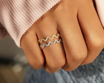 Wave Zigzag Band, With CZ ZigZag minimalistic Ring, Stackable Ring Women, Pave Wave Ring, Stackable Silver Ring, Eternity Ring