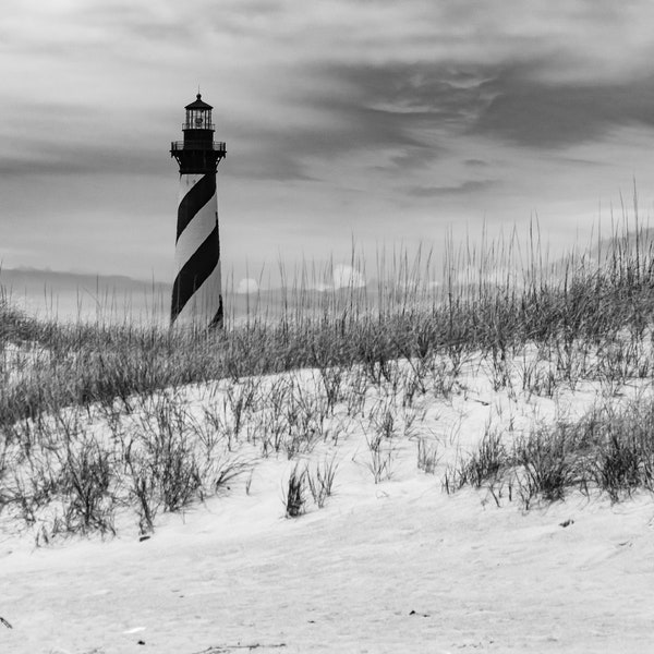 Cape Hatteras Lighthouse Photograph, Outer Banks Black and White Photography, Coastal Decor Print Art, OBX Beach Art, Carolina Ocean Gifts