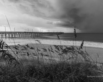 North Carolina's Topsail Island Pier and Sea Grasses.  Black and white beach photography, North Carolina coastal decor, Ocean Art Print.