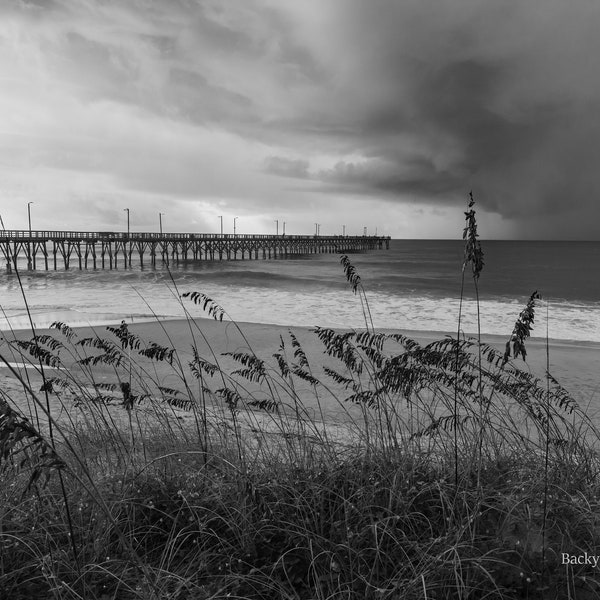 North Carolina's Topsail Island Pier and Sea Grasses.  Black and white beach photography, North Carolina coastal decor, Ocean Art Print.