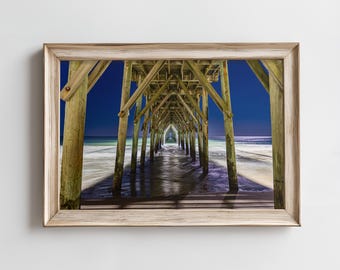 Pier Into the Night - Topsail Island Photography, Surf City Ocean Pier, Night Photography, Coastal Decor, Beach Art Print, North Carolina