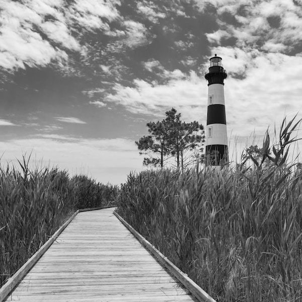 Outer Banks Lighthouse, North Carolina Coastal Photography, Beach Art, Seaside Scene,  Black and white coastal photography,Nag's Head Art.