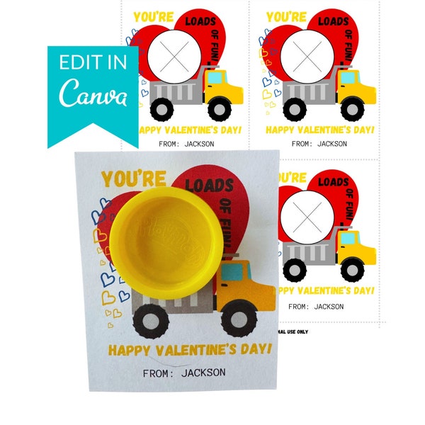 Play-Doh Valentines Gift Card | Printable Class Valentine Day Gifts | Non-candy Gift | Small Gift | Construction Truck | Classroom Favor