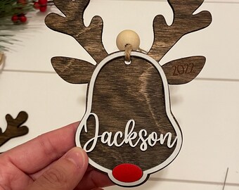Personalized Reindeer Christmas Ornament, Engraved Wood Ornament