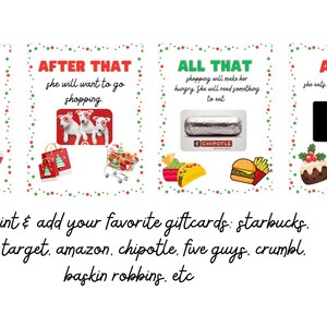 May include: A set of four holiday-themed cards with text and illustrations. The cards feature a Starbucks gift card, shopping bags, a burrito, and a dessert. The text includes phrases like "She will need a drink" and "She will want to go shopping."