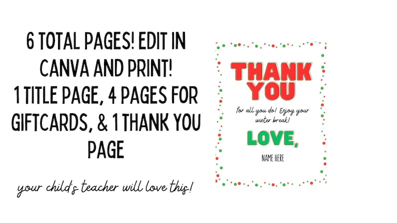 May include: A white digital print with text in red and green. The text reads "THANK YOU" and "LOVE" with space for a name. Additional text indicates the product includes 6 pages for gift cards and thank you notes.