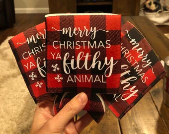 Merry Christmas Ya Filthy Animal Can Cooler, Buffalo Plaid Beer Huggie